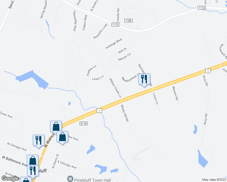 map of restaurants, bars, coffee shops, grocery stores, and more near 105 Willow Creek Lane in Pinebluff