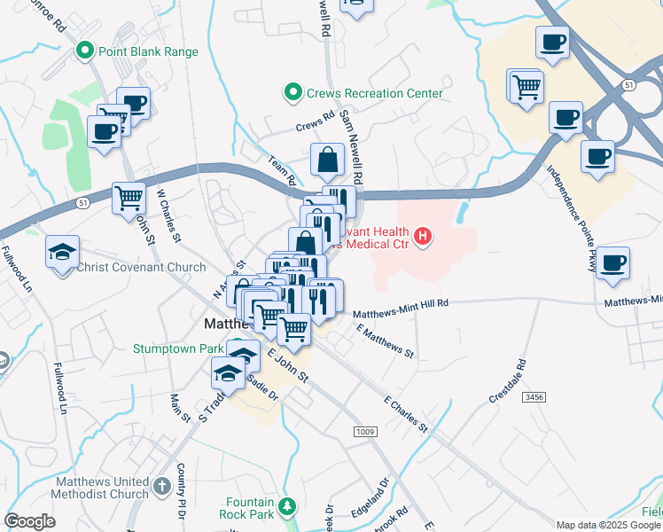 map of restaurants, bars, coffee shops, grocery stores, and more near 930 Park Center Drive in Matthews