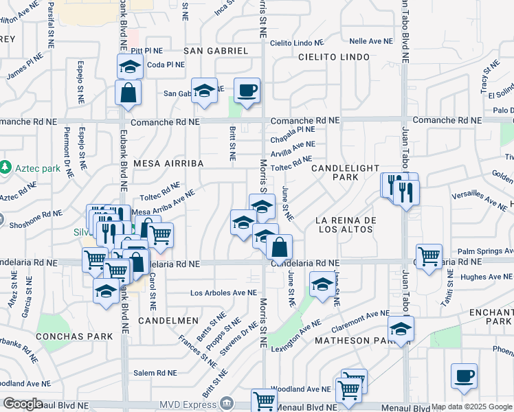 map of restaurants, bars, coffee shops, grocery stores, and more near 3324 Betts Drive Northeast in Albuquerque