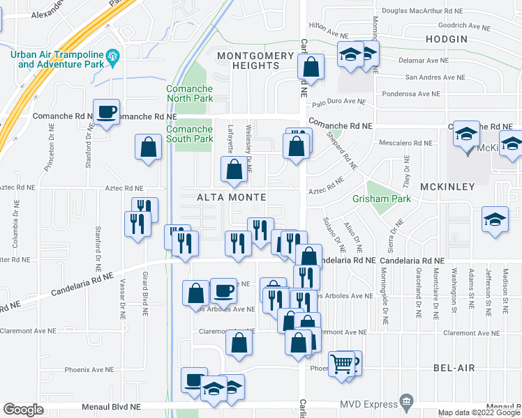 map of restaurants, bars, coffee shops, grocery stores, and more near 3300 Wellesley Court Northeast in Albuquerque