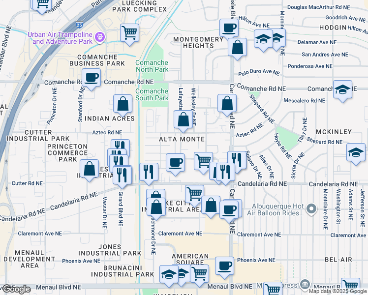 map of restaurants, bars, coffee shops, grocery stores, and more near 3224 Lafayette Drive Northeast in Albuquerque
