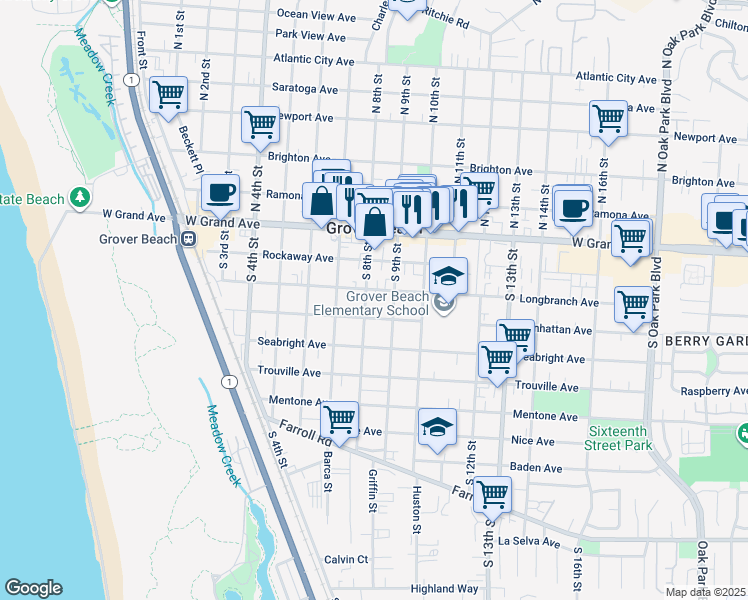 map of restaurants, bars, coffee shops, grocery stores, and more near 836 Longbranch Avenue in Grover Beach
