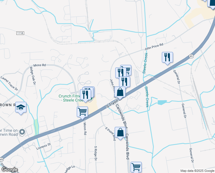 map of restaurants, bars, coffee shops, grocery stores, and more near 10800 Point South Drive in Charlotte
