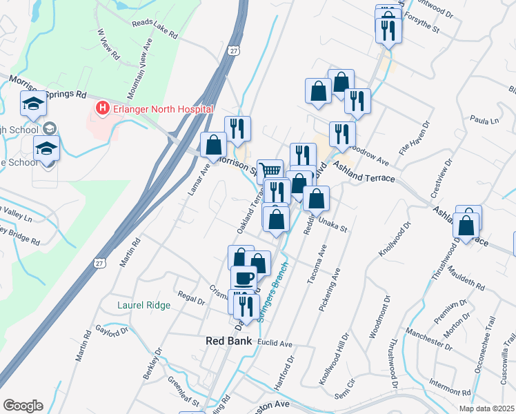 map of restaurants, bars, coffee shops, grocery stores, and more near 3905 Oakland Terrace in Chattanooga