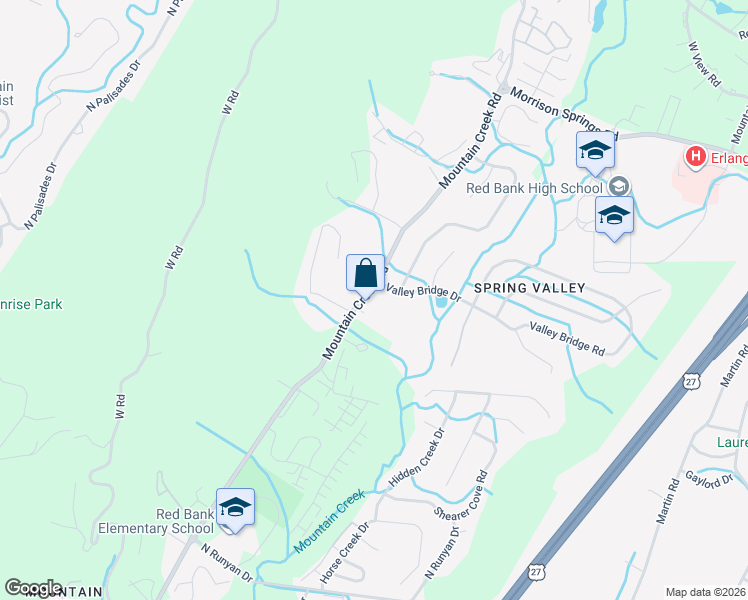 map of restaurants, bars, coffee shops, grocery stores, and more near 1182 Mountain Creek Road in Chattanooga