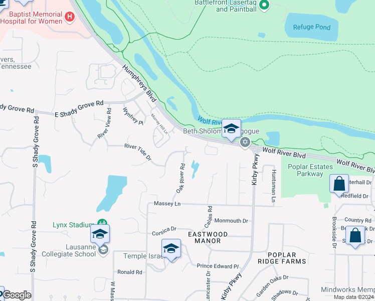 map of restaurants, bars, coffee shops, grocery stores, and more near 6522 River Fall Drive in Memphis