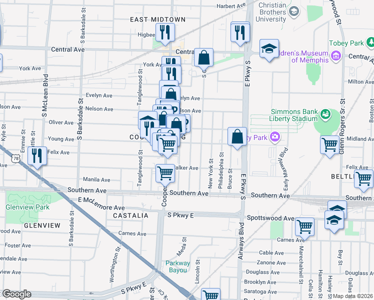 map of restaurants, bars, coffee shops, grocery stores, and more near 2185 Young Avenue in Memphis