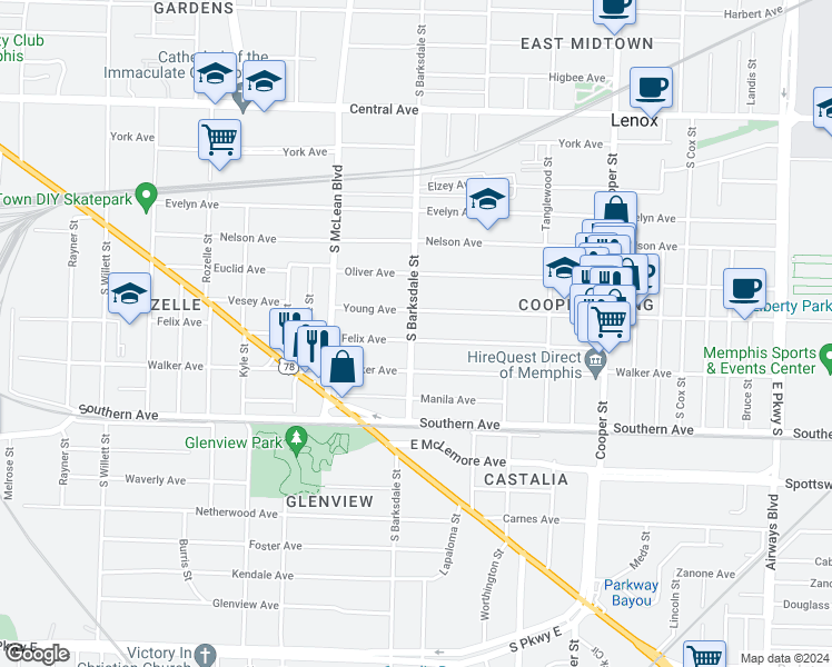 map of restaurants, bars, coffee shops, grocery stores, and more near 1915 Young Avenue in Memphis