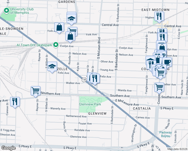 map of restaurants, bars, coffee shops, grocery stores, and more near 971 Seattle Street in Memphis