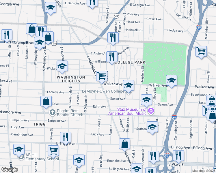 map of restaurants, bars, coffee shops, grocery stores, and more near 729 Walker Avenue in Memphis