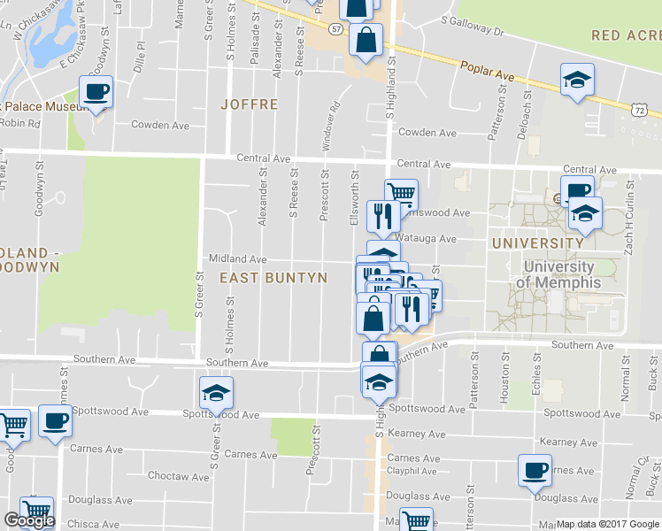 map of restaurants, bars, coffee shops, grocery stores, and more near 458 South Prescott Street in Memphis