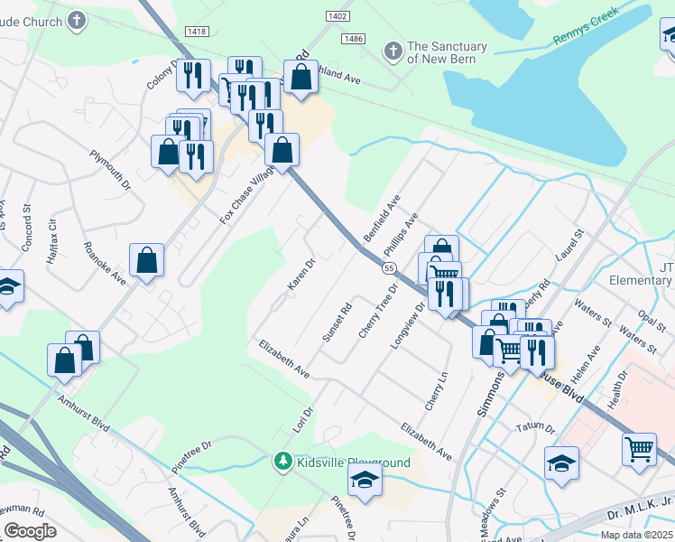 map of restaurants, bars, coffee shops, grocery stores, and more near 1207 Fulcher Lane in New Bern