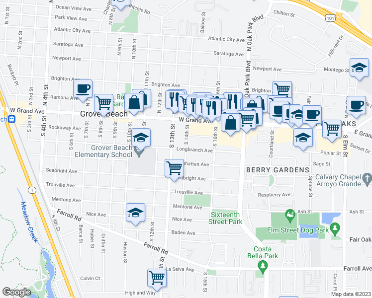 map of restaurants, bars, coffee shops, grocery stores, and more near Longbranch Avenue & South 14th Street in Grover Beach