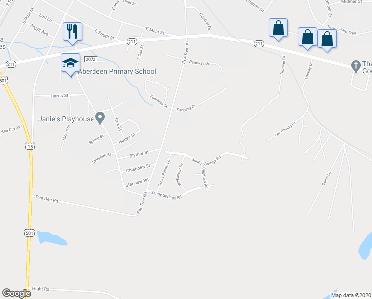 map of restaurants, bars, coffee shops, grocery stores, and more near 208 Sandy Springs Road in Aberdeen