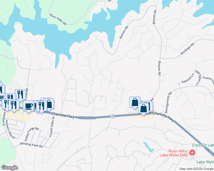 map of restaurants, bars, coffee shops, grocery stores, and more near 1569 Cambria Court in Lake Wylie