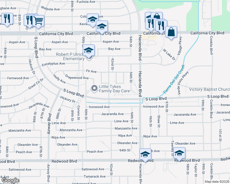 map of restaurants, bars, coffee shops, grocery stores, and more near 8837 Holly Avenue in California City