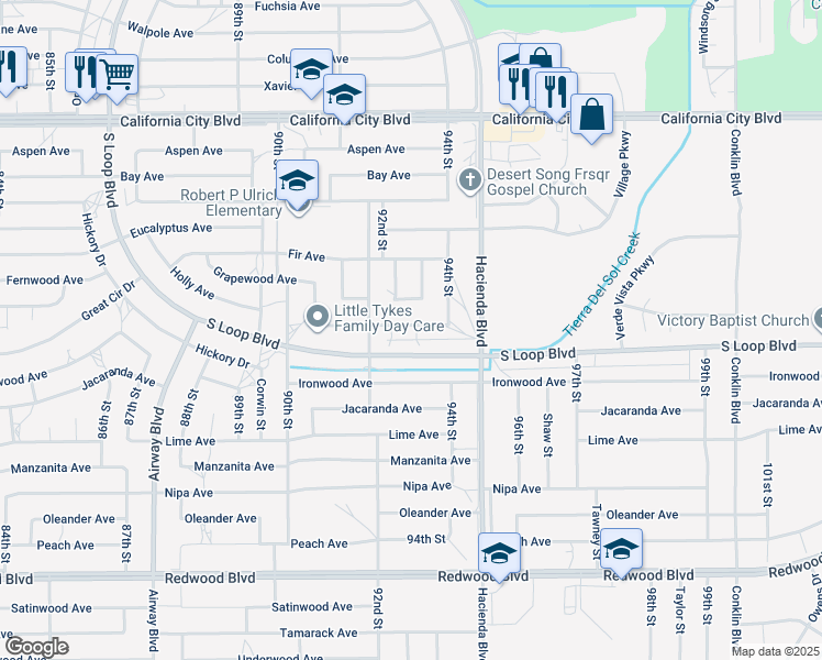 map of restaurants, bars, coffee shops, grocery stores, and more near 9300 Holly Avenue in California City