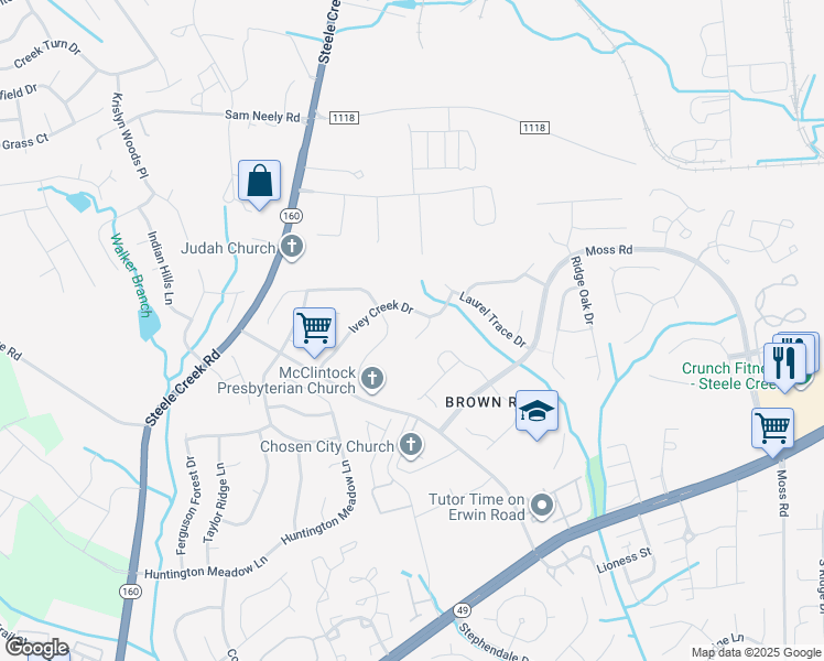 map of restaurants, bars, coffee shops, grocery stores, and more near 12111 Carolina Oak Circle in Charlotte