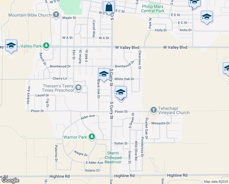 map of restaurants, bars, coffee shops, grocery stores, and more near Fir Street in Tehachapi