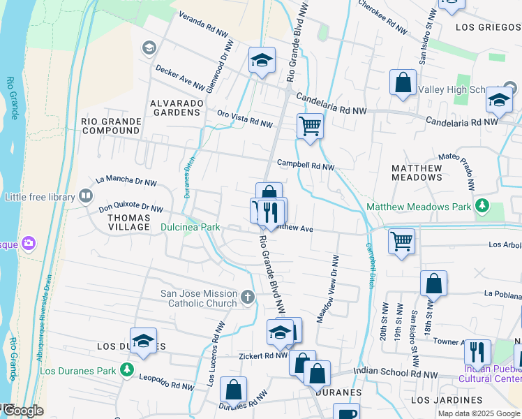 map of restaurants, bars, coffee shops, grocery stores, and more near 2603 Rio Grande Boulevard Northwest in Albuquerque