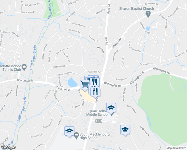 map of restaurants, bars, coffee shops, grocery stores, and more near 7041 Quail Hill Road in Charlotte