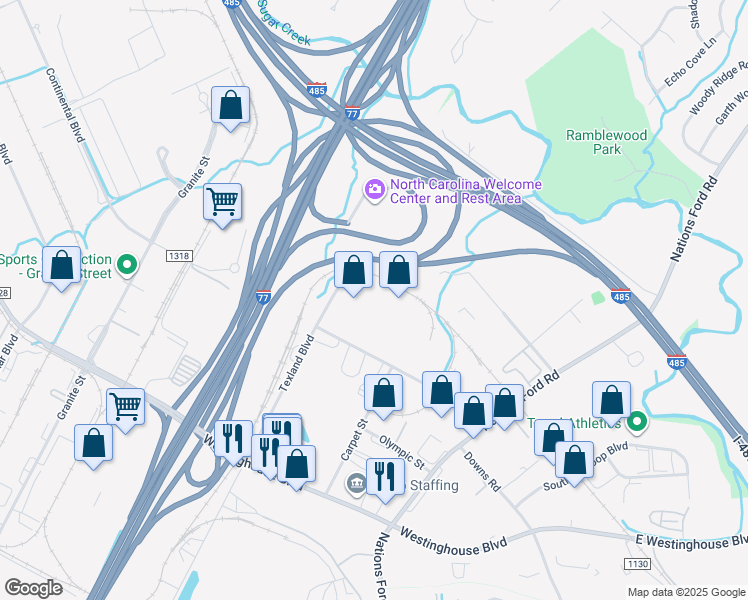 map of restaurants, bars, coffee shops, grocery stores, and more near 10615 Texland Boulevard in Charlotte