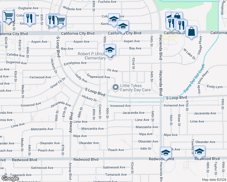 map of restaurants, bars, coffee shops, grocery stores, and more near 20511 Lasky Street in California City