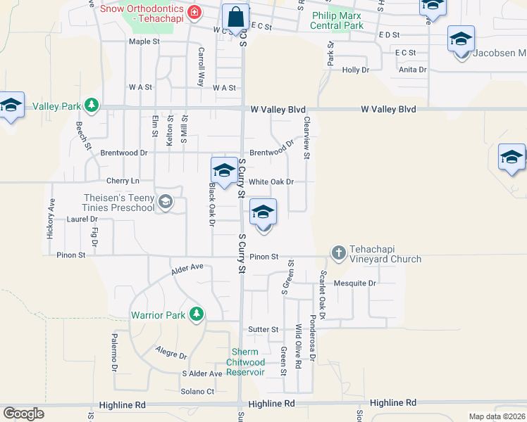 map of restaurants, bars, coffee shops, grocery stores, and more near Fir Street in Tehachapi