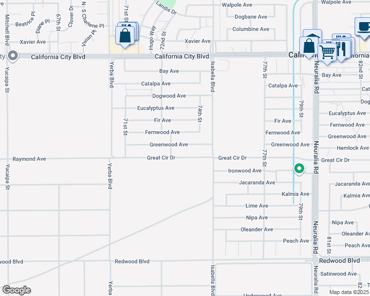 map of restaurants, bars, coffee shops, grocery stores, and more near Greenwood Avenue in California City