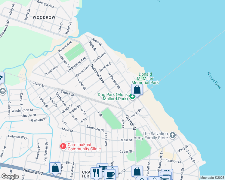 map of restaurants, bars, coffee shops, grocery stores, and more near 410 Avenue B in New Bern