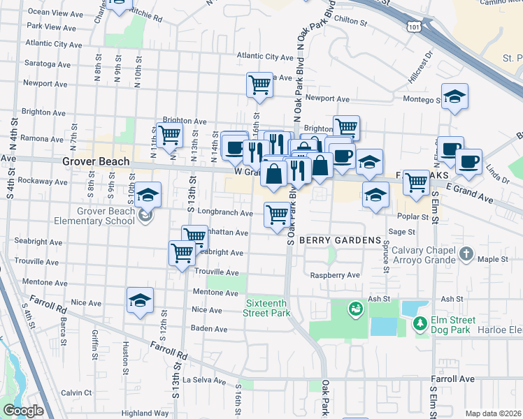 map of restaurants, bars, coffee shops, grocery stores, and more near 1623 Longbranch Avenue in Grover Beach