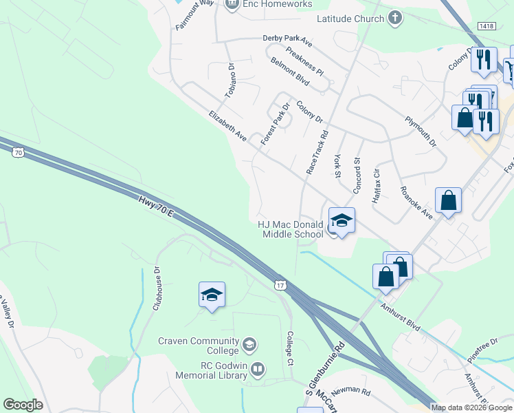 map of restaurants, bars, coffee shops, grocery stores, and more near 232 Forest Park Drive in New Bern
