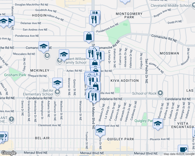 map of restaurants, bars, coffee shops, grocery stores, and more near 3221 Ortiz Drive Northeast in Albuquerque