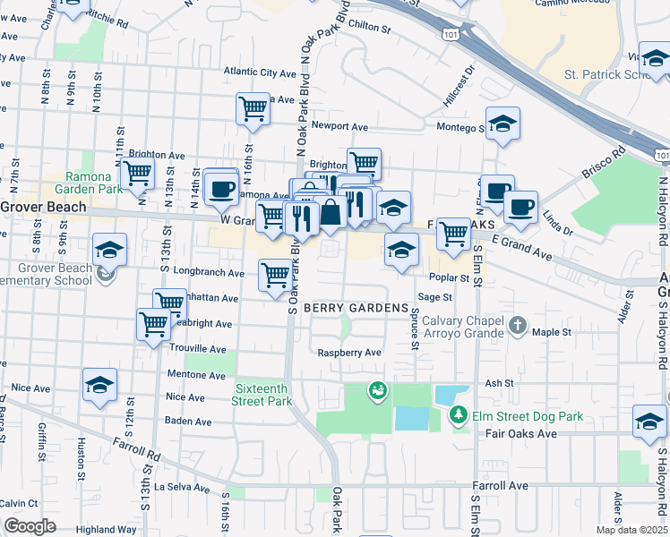 map of restaurants, bars, coffee shops, grocery stores, and more near 1517 Elderberry Court in Arroyo Grande