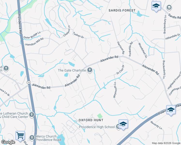 map of restaurants, bars, coffee shops, grocery stores, and more near 7100 Alexander Road in Charlotte