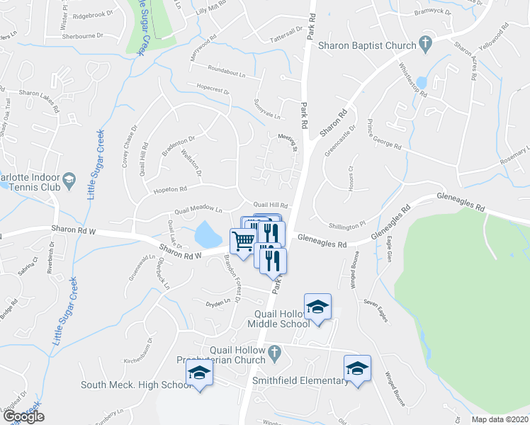 map of restaurants, bars, coffee shops, grocery stores, and more near 7051 Quail Hill Road in Charlotte