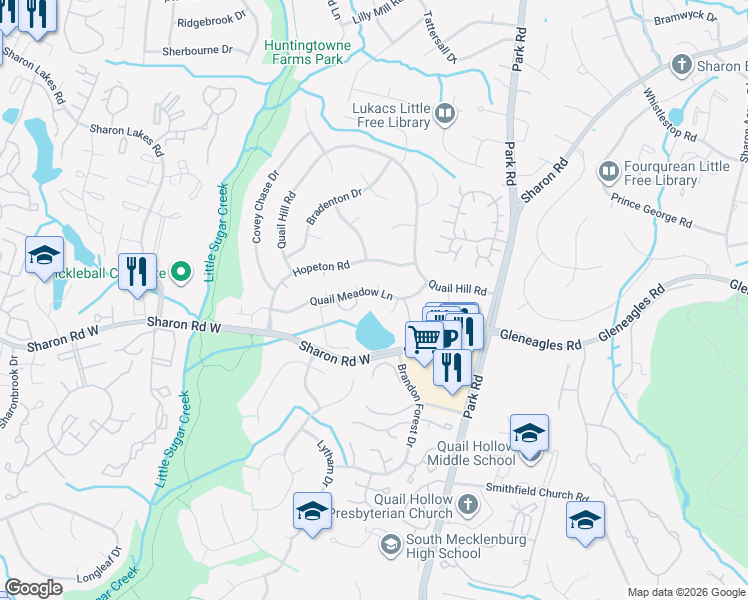 map of restaurants, bars, coffee shops, grocery stores, and more near 7237 Quail Meadow Lane in Charlotte