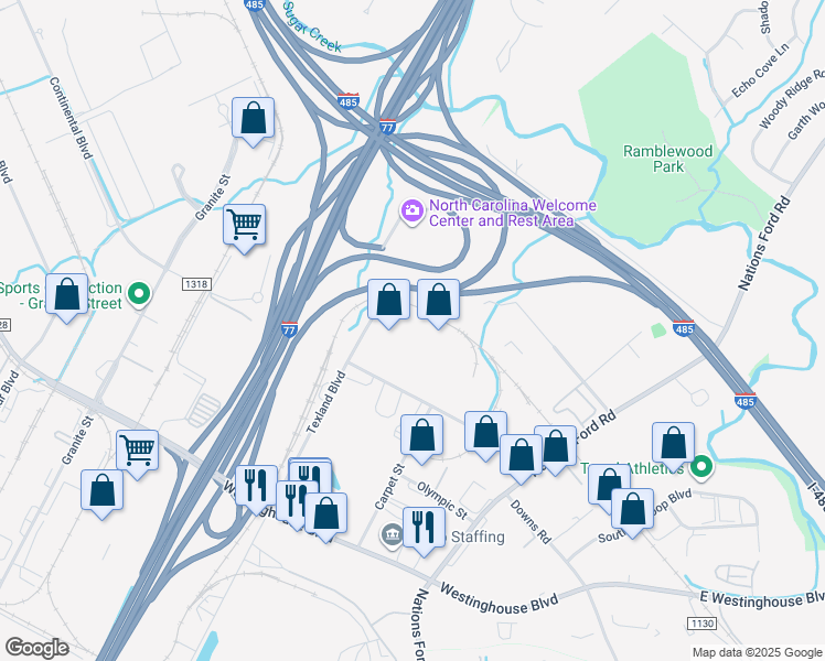 map of restaurants, bars, coffee shops, grocery stores, and more near 10615 Texland Boulevard in Charlotte