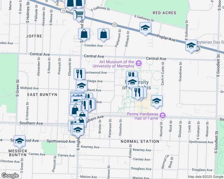 map of restaurants, bars, coffee shops, grocery stores, and more near 3624 Midland Avenue in Memphis