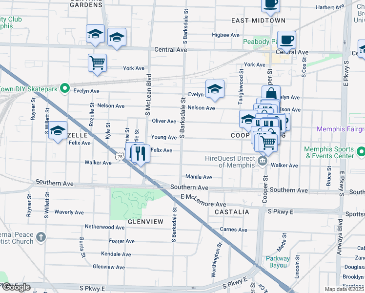 map of restaurants, bars, coffee shops, grocery stores, and more near 1915 Young Avenue in Memphis