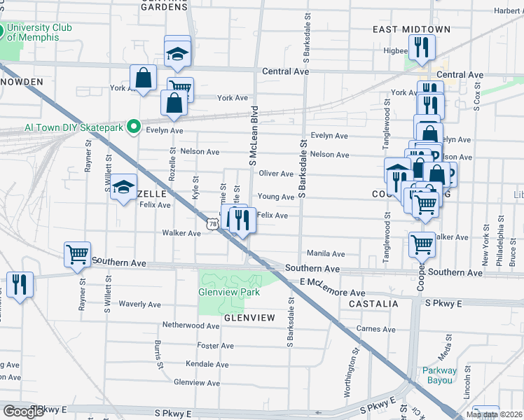 map of restaurants, bars, coffee shops, grocery stores, and more near 1825 Young Avenue in Memphis