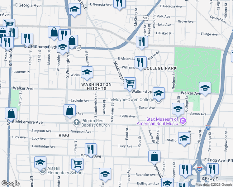 map of restaurants, bars, coffee shops, grocery stores, and more near 643 Walker Avenue in Memphis