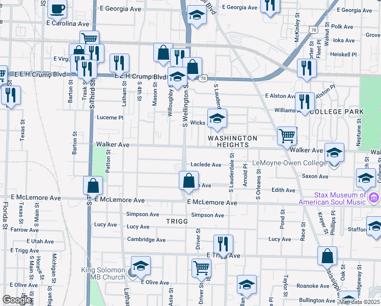 map of restaurants, bars, coffee shops, grocery stores, and more near 465 Walker Avenue in Memphis