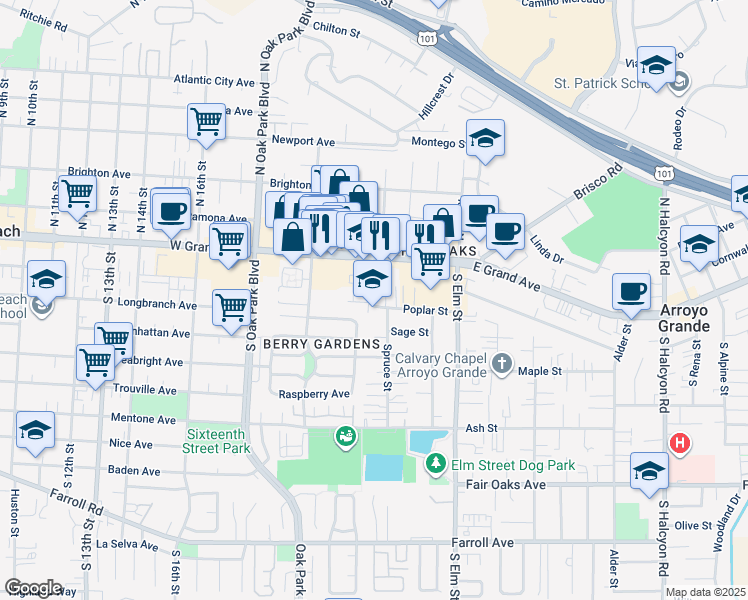 map of restaurants, bars, coffee shops, grocery stores, and more near 145 Juniper Street in Arroyo Grande