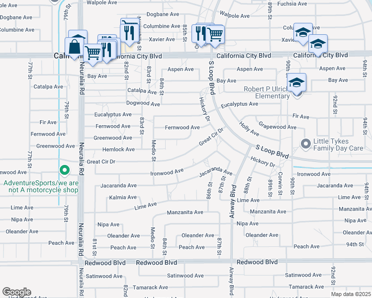 map of restaurants, bars, coffee shops, grocery stores, and more near 8525 Great Circle Drive in California City