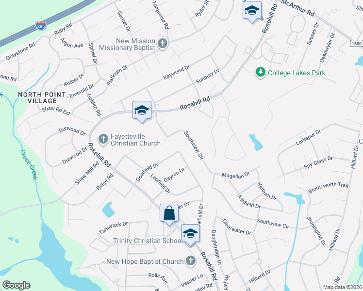 map of restaurants, bars, coffee shops, grocery stores, and more near 903 Southview Circle in Fayetteville