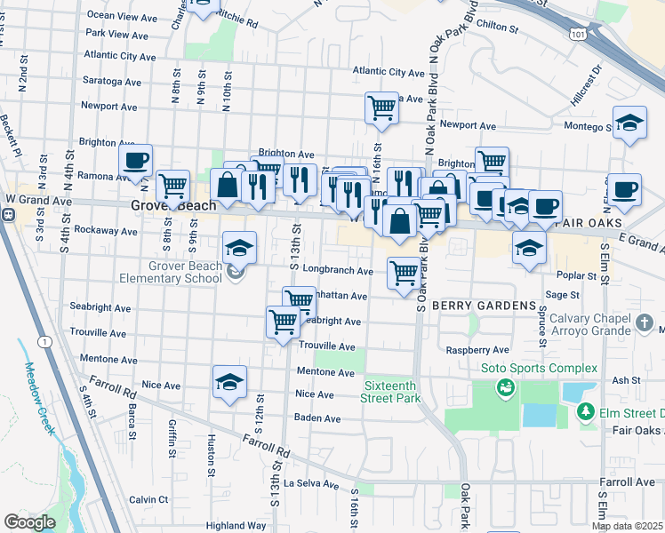 map of restaurants, bars, coffee shops, grocery stores, and more near 1419 Longbranch Avenue in Grover Beach