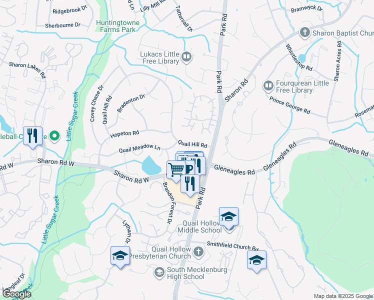 map of restaurants, bars, coffee shops, grocery stores, and more near 7051 Quail Hill Road in Charlotte