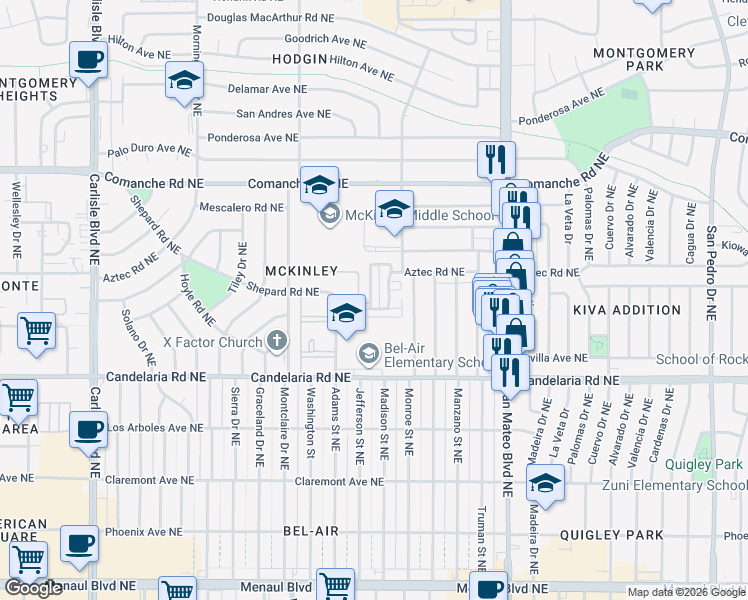map of restaurants, bars, coffee shops, grocery stores, and more near 3301 Monroe Street Northeast in Albuquerque