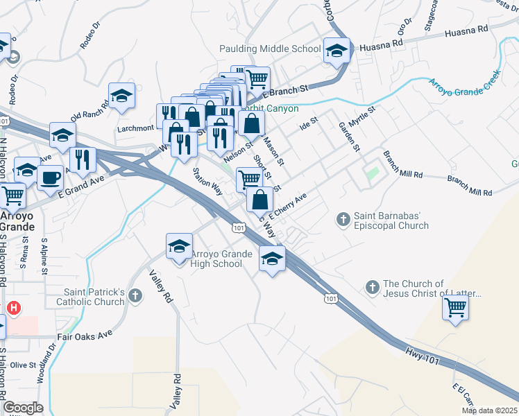 map of restaurants, bars, coffee shops, grocery stores, and more near 329 Traffic Way in Arroyo Grande